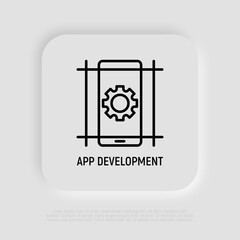 Wall Mural - mobile app development thin line icon. cogwheel on smartphone screen. vector illustration.
