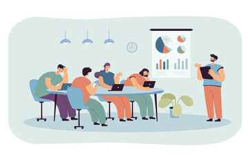 Wall Mural - office cartoon people listening to boring presentation. speaker or manager giving tiresome lecture t