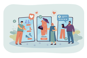 Wall Mural - customers using mobile app to buy clothes in online shop. people shopping in internet store on huge 