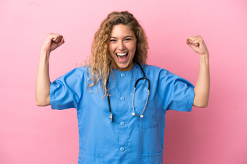 Wall Mural - Young surgeon doctor woman isolated on pink background doing strong gesture