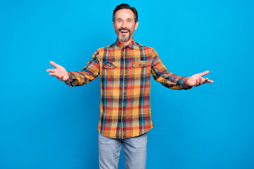 Poster - Photo of hooray brunet hairdo mature man hands hug wear plaid shirt isolated on blue color background