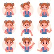 Cute child girl avatar facial emotions and feelings. Little kid face emoji with angry, sad, happy, shock and question expression vector set