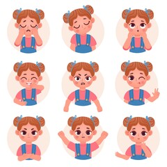 Wall Mural - Cute child girl avatar facial emotions and feelings. Little kid face emoji with angry, sad, happy, shock and question expression vector set