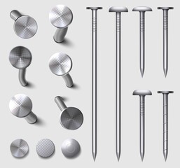 Realistic 3d straight and bent metal nails in wall. Hammered steel and iron curved nail pins and heads top view. Metallic hardware vector set