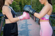 © luisrojasstock - Young caucasian women crashing boxing gloves on a bridge at sunset