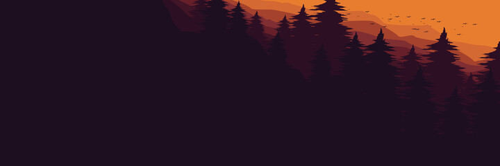 Wall Mural - sunset at mountain forest landscape with bird silhouetter flat design vector illustration for wallpaper, background, backdrop design, template design and tourism design template