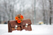 A briefcase made of brown leather is standing on the snow. On the briefcase is a bouquet of beautiful orange flowers. Snow is falling. Snowflakes leave a wet trail on the briefcase.