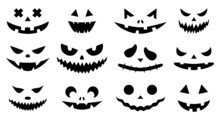 Funny Physiognomies. A Set Of Halloween Pumpkins With Carved Silhouettes Of Faces Isolated On White. A Template With Eyes, Mouths, Noses For Cutting Out Jack O Lantern. Black White Vector Illustration