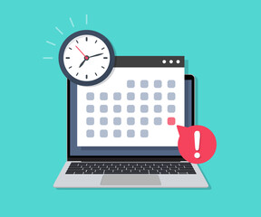 Poster - Laptop with deadline calendar date and clock in a flat design