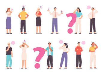 Thoughtful people wondering, solving problem and thinking with question marks. Choice or decision concept with asking characters vector set