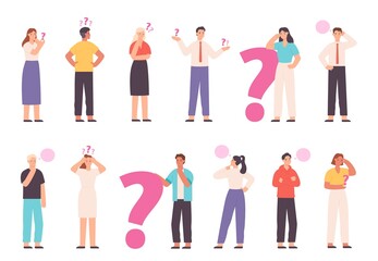 Wall Mural - Thoughtful people wondering, solving problem and thinking with question marks. Choice or decision concept with asking characters vector set