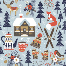 Seamless Vector Pattern With Winter Chalet, Cute Woodland Animals, Woods And Snowflakes On Light Blue Background. 