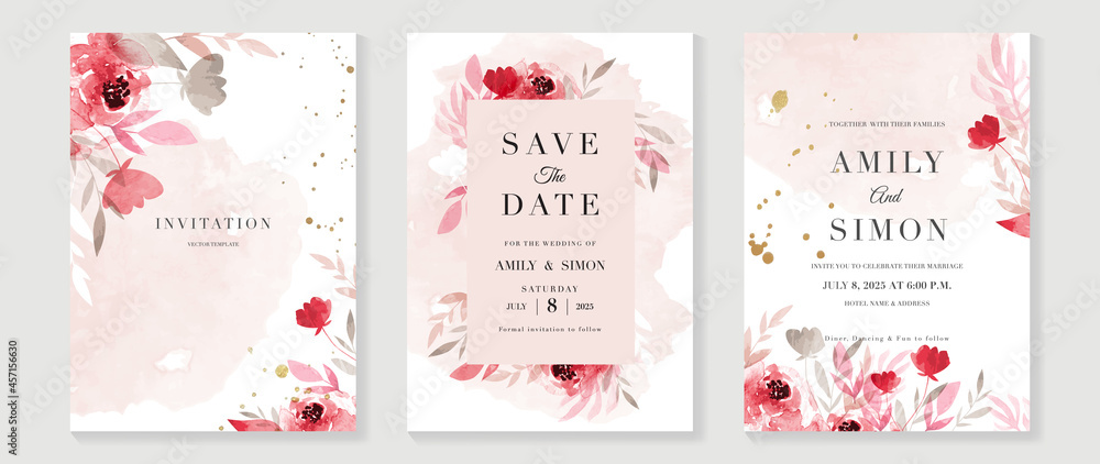 Pink and red rose floral watercolor wedding invitation vector set ...