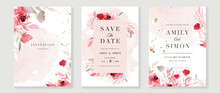 Pink And Red Rose Floral Watercolor Wedding Invitation Vector Set. Luxury Background And Template Layout Design For Invite Card, VIP Invitation Card And Cover Template.