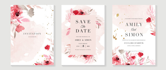 Wall Mural - Pink and red rose floral watercolor wedding invitation vector set. Luxury background and template layout design for invite card, VIP invitation card and cover template.