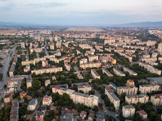 Aerial view of a city at sunset