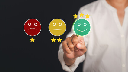 Wall Mural - Customer feedback, service evaluation, and satisfaction conceptual. Business people pressing smiley face emoticon on the virtual touch screen