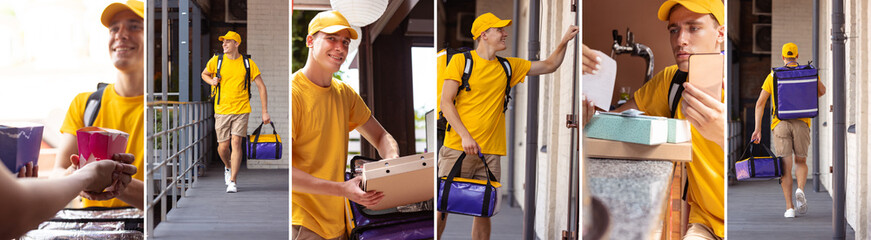 Wall Mural - One working day of young deliveryman. Courier in yellow uniform delivers order to clients, customers, buyers. Collage