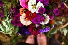 Woman's Feets And Beautiful Bouquet Of  Autumn Flowers In Wicker Basket