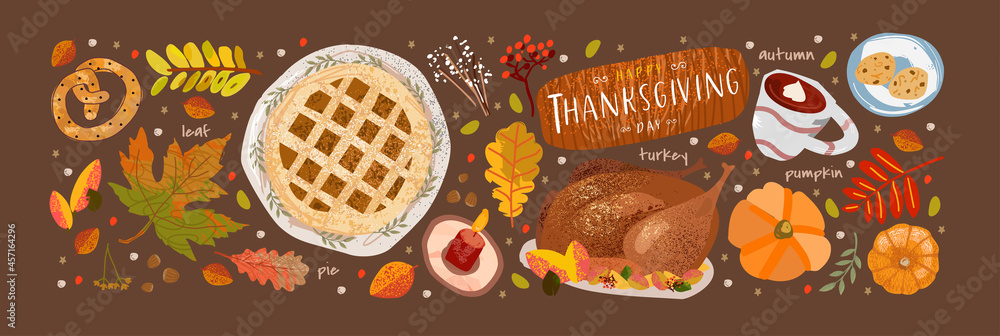 Thanksgiving Day. Vector illustrations of a festive table with a pie ...