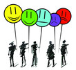 © elen31 - Hand drawn doodle line art cartoon design character group of people holding smilies emoji to show positive, negative and neutral satisfaction rating. Customer service and user experience concept.