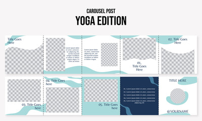 Set of editable social media instagram carousel yoga, therapy, meditation, holistic with blue design vector template ai and eps10