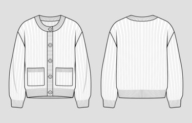 Wall Mural - Knit cardigan. Round neck button placket jumper. Vector technical sketch. Mockup template.