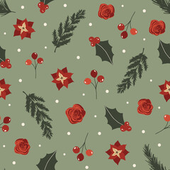 Wall Mural - Christmas new year winter holiday seamless pattern with xmas branch, holly jolly, red berries. Vector illustration in hand drawn cartoon flat style