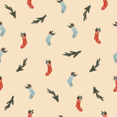 Wall Mural - Christmas new year winter holiday seamless pattern with xmas spruce branches and Santa Claus socks. Vector illustration in hand drawn cartoon flat style