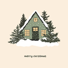 Christmas Snowy House Outside Interior With Winter Landscape And Fir Trees. Vector Illustration In Hand Drawn Cartoon Flat Style