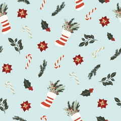 Wall Mural - Christmas new year winter holiday seamless pattern with xmas spruce branches and Santa Claus socks. Vector illustration in hand drawn cartoon flat style