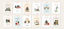 Set Of Christmas New Year Winter Holiday Greeting Cards With Xmas Decoration. Vector Illustration Posters In Hand Drawn Cartoon Flat Style