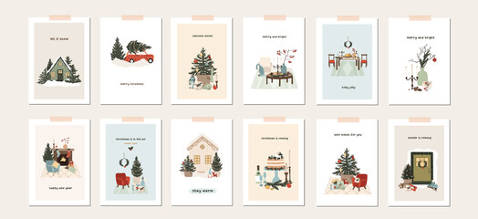 set of christmas new year winter holiday greeting cards with xmas decoration. vector illustration po