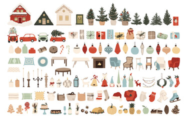 set of christmas new year winter icons xmas tree, houses, red cars, gifts, balls, home interior elem