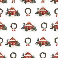 Wall Mural - Christmas new year winter holiday seamless pattern with xmas house and spruce wreath. Vector illustration in hand drawn cartoon flat style