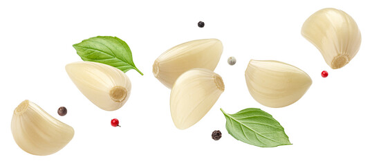 Wall Mural - falling peeled garlic cloves isolated on white background
