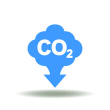 Vector Illustration Of Cloud With CO2 And Arrow Down. Symbol Of CO2 Reduction. Icon Of Carbon Dioxide Emissions Reduce.