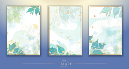 Wall Mural - Set of backgrounds. Luxurious golden wallpaper. White background and blue watercolor, beautiful golden birch leaves with a shiny light texture. Modern art mural wallpaper. Vector illustration.