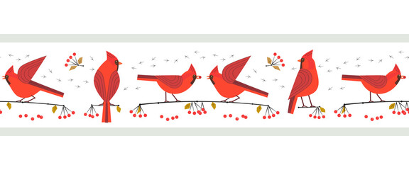 Red cardinal birds cute seamless vector border. Birdwatching, bird feeding minimal design illustration. Red Northern cardinal, comic cartoon frame. Winter birds of backyard, city garden scavenger sign