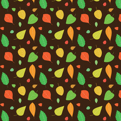 Wall Mural - Cute autumn leaves seamless pattern  in green, orange, red and yellow on dark brown background. Great for Thanksgiving greeting cards, gift wrapping paper, home décor , textile and wallpaper. 