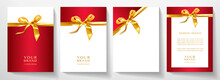 Holiday Cover Design Set. Luxury Red  Background With Gold Ribbon (golden Bow). Elegant Premium Vector Collection Template For Invitation (invite Card), Greeting Or Christmas Gift, Birthday Card