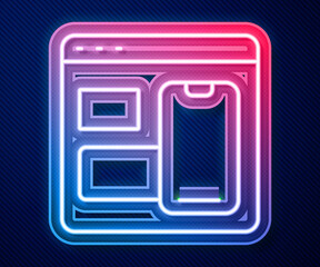 Glowing neon line Software, web developer programming code icon isolated on blue background. Javascript computer script random parts of program code. Vector