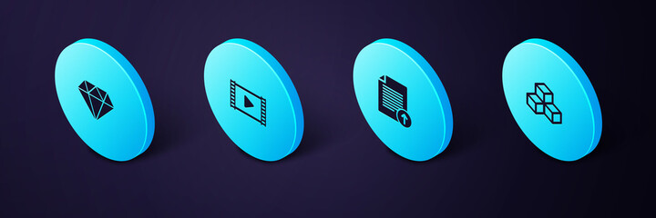 Sticker - Set Isometric Isometric cube, Upload file, Play Video and Diamond icon. Vector