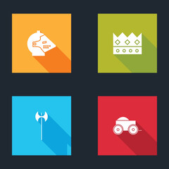 Sticker - Set Medieval iron helmet, King crown, axe and Wooden four-wheel cart icon. Vector