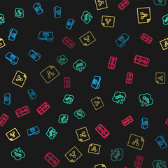 Sticker - Set line Folder upload, CO2 emissions in cloud, Share file and Flight mode the mobile on seamless pattern. Vector