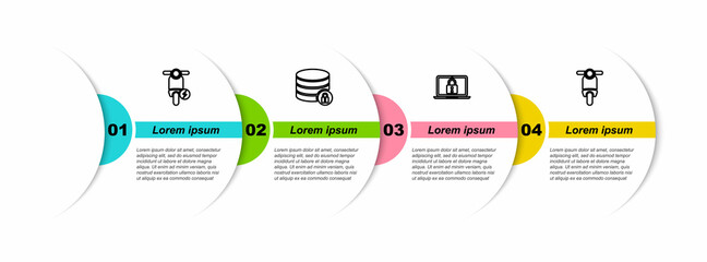 Poster - Set line Electric scooter, Server security with lock, Laptop and and Scooter. Business infographic template. Vector