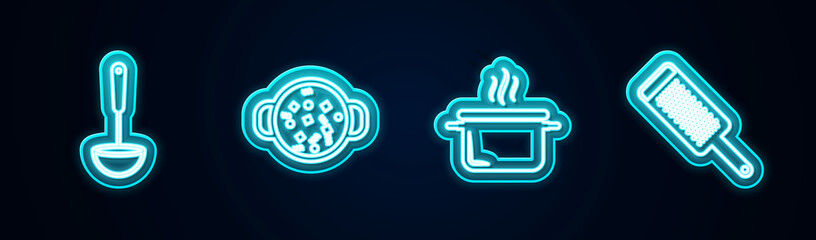  Set line Kitchen ladle, Cooking soup in pot, and Grater. Glowing neon icon. Vector