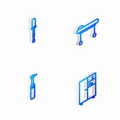 Sticker - Set Isometric line Stretcher, Pipette, Tooth drill and Medicine cabinet icon. Vector