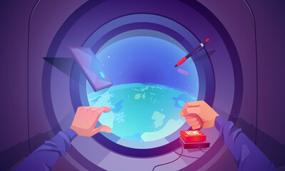 Spaceship interior with Earth view through round window. Concept of flight in shuttle for science discovery and travel. Vector cartoon illustration of man hands push home button in rocket in cosmos