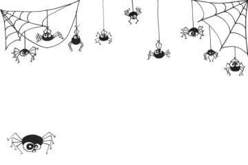 Spiders and cobwebs hanging from the corners and top edge of the image. One large spider sits in the lower corner